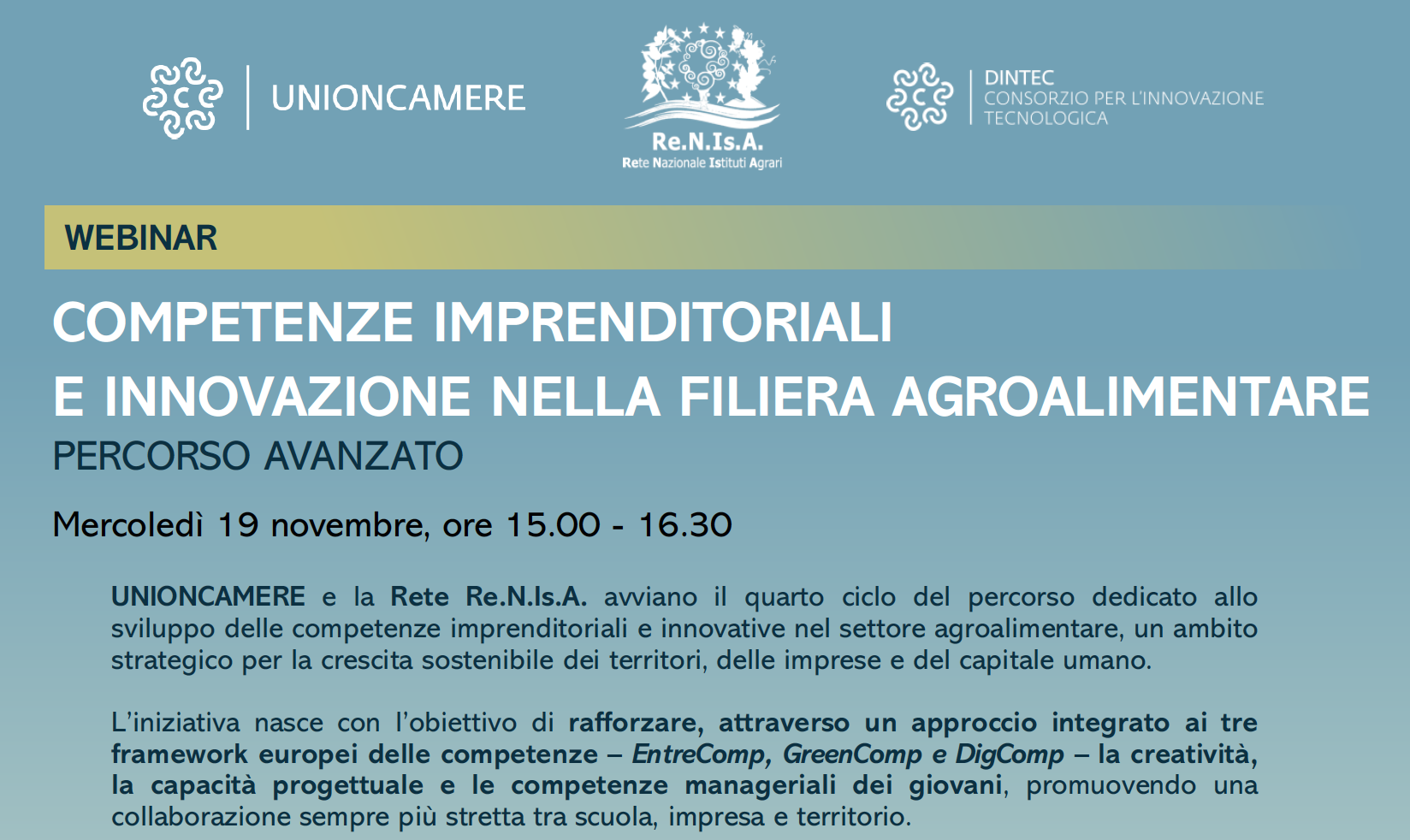 Webinar “Competenze imprenditoriali e innovazione nella filiera agroalimentare” – 19/11 ore 15:00